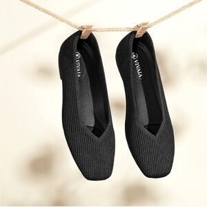 Vivaia Margot Square Toe Ballet Flats V-cut Black Size 40.5 9.5-10